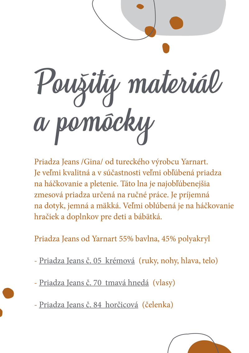 PDF návod na háčkovanú bábiku, použitý materál